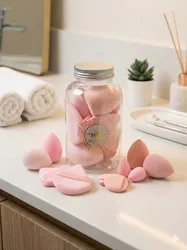 צנצנת ספוגיות איפור – בגוון ורוד פסטל | Moran Beauty 15 יח 